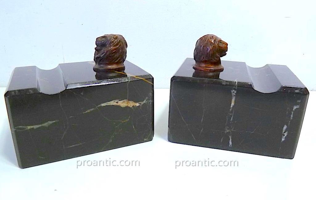 Paire Encriers Marbre Tête De Lion Bois Sculpté Art Déco Inkwell French Vers 1925   REF69