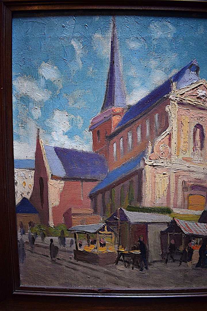 Sloan Franck Signed Paris Place Market Scene Impressionist Church XX 20th Rt108-photo-3