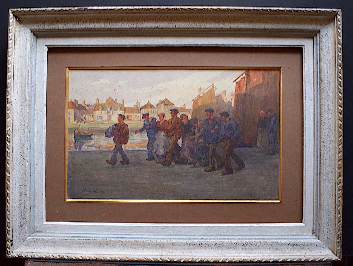 Frédéric Dresel Watercolor Brittany Animated Scene Marine Village Sailors Fishermen Musician XX Rt122-photo-6