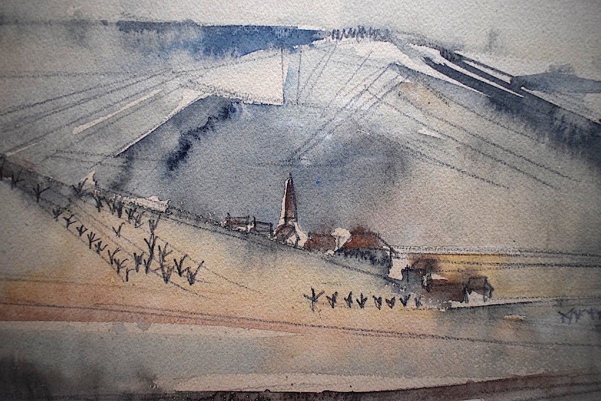 Hosotte Signed Morvan Vézelay Massive Snow Landscape Watercolor XX Rt207-photo-1