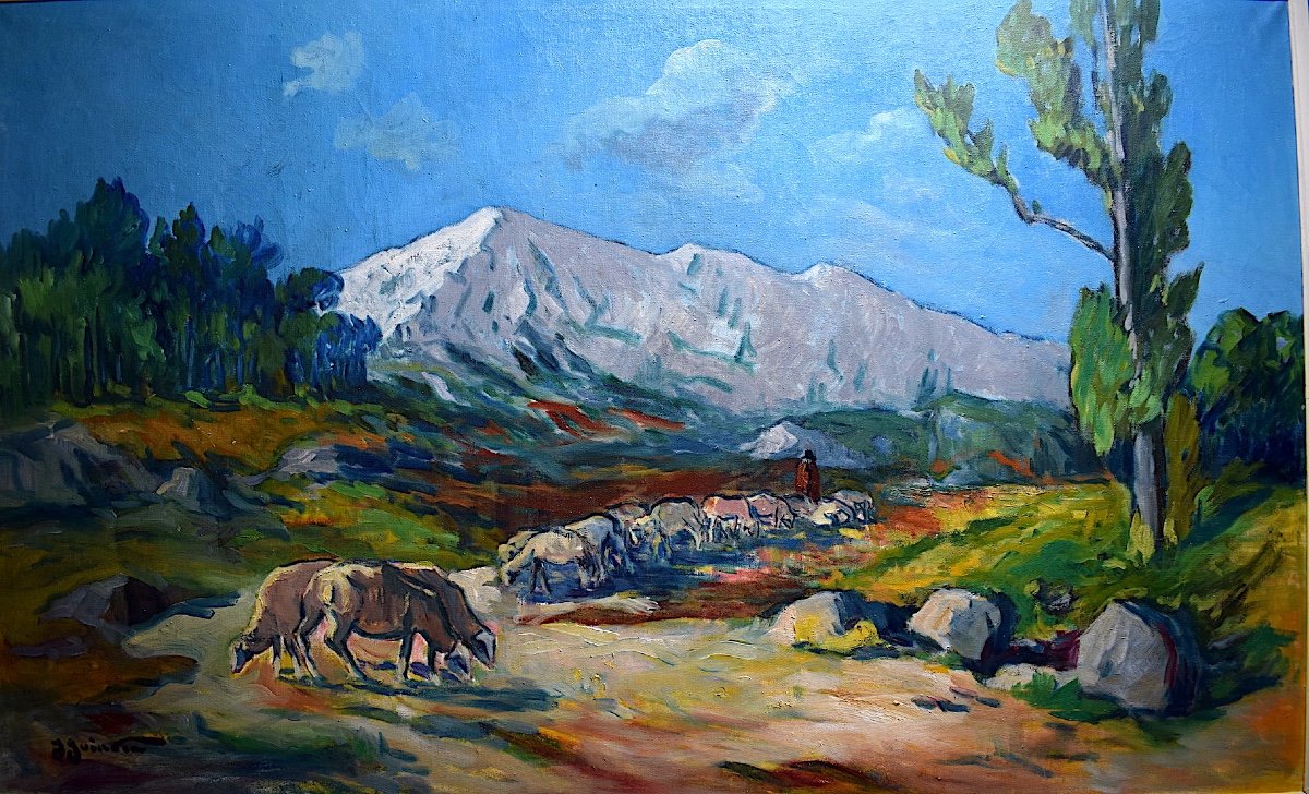 Jean Guindon Grand Format Montagne Sainte Victoire Berger Moutons Paysage Proven&ccedil;al XX RT312 *-photo-2