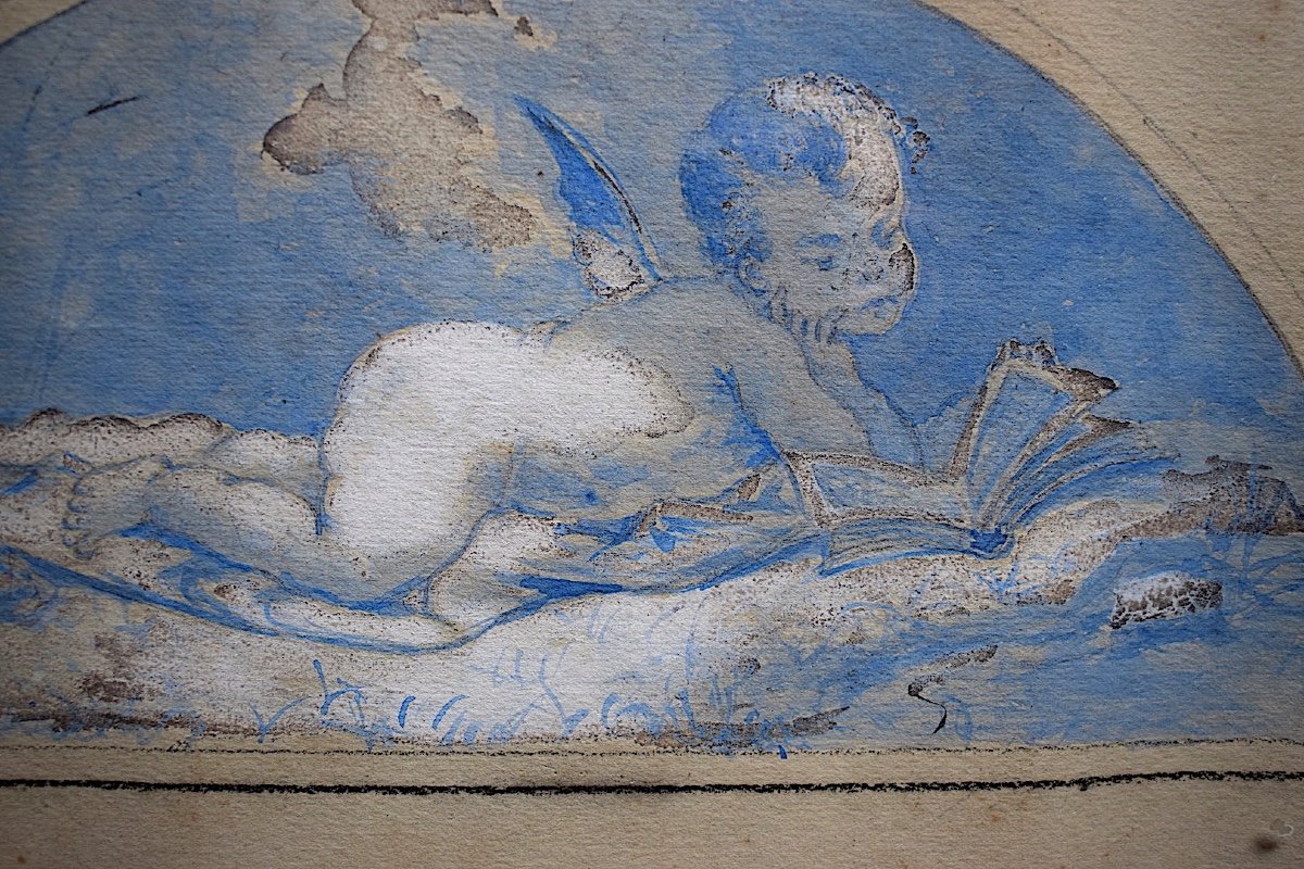 Putto Putti Angelot Vasque Fleurie Drawing Lavis Watercolor XIXth Rt313-photo-1