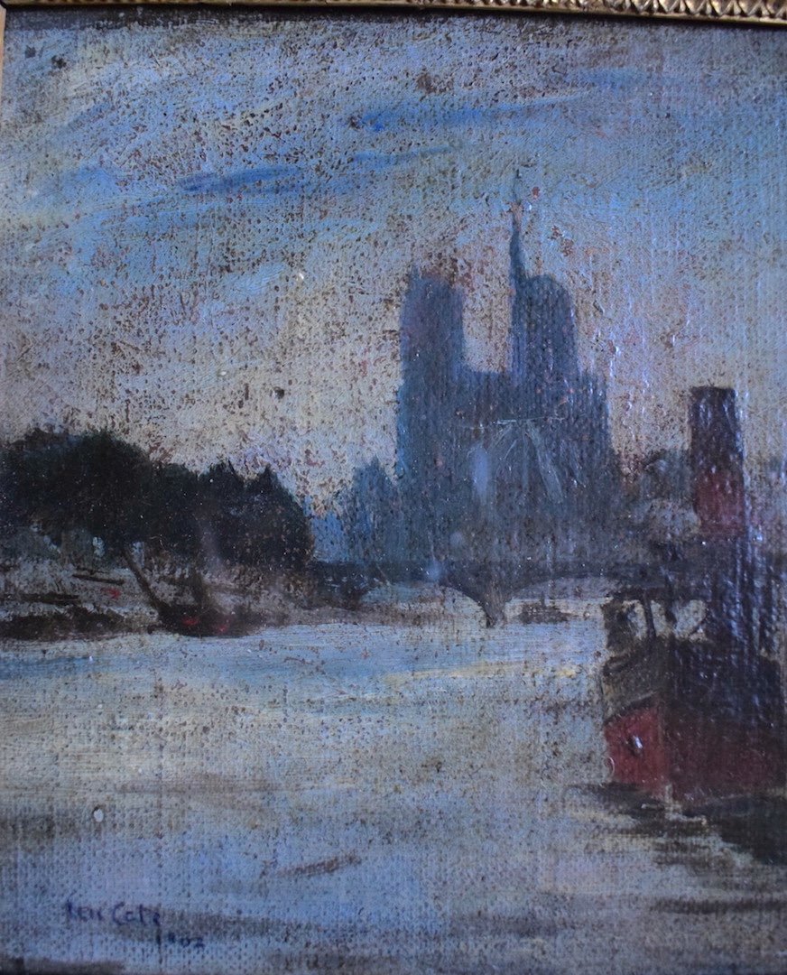 Ten Cate Signé Notre Dame de Paris Paysage marin Impressionniste Pont Seine Bateaux 1902 XX RT325-photo-1