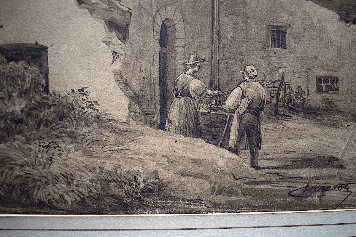 Drawing Lavis Signed To Identify Provençal Landscape Ruin Characters Genre Scene XIX Rt327-photo-3