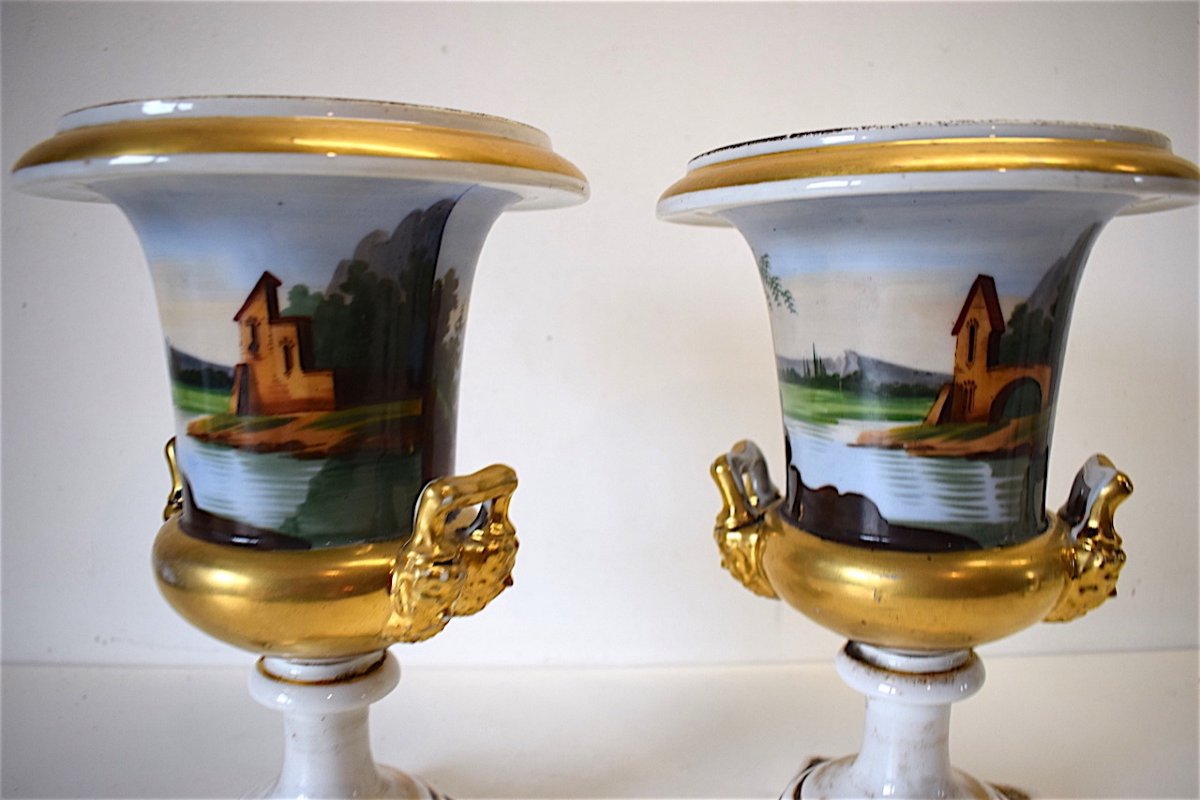 Pair Of Medici Porcelain Vase Old Paris Romantic Scene Around 1840 XIX Ref188-photo-1