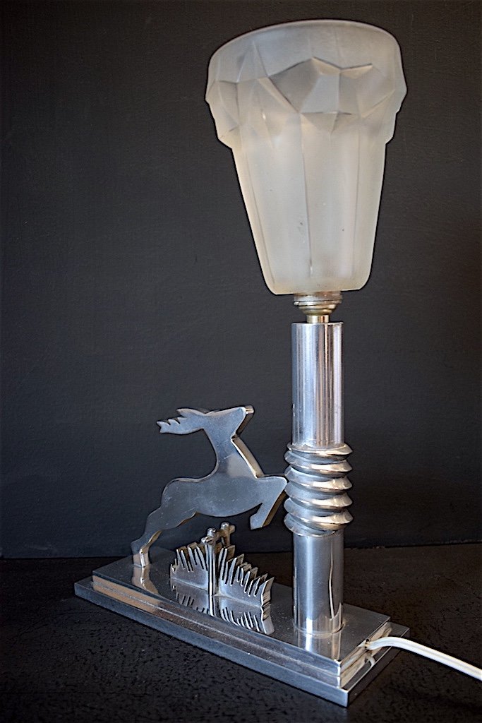 Modernist Art Deco Deer Nickel Aluminum Desk Table Lamp 1930 1940 Animalier Hunting XX Ref194-photo-2