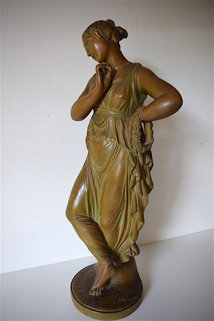 Statue Terre Cuite Polychrome Danseuse D&rsquo;apr&egrave;s Canova Sign&eacute; XIX Ref242