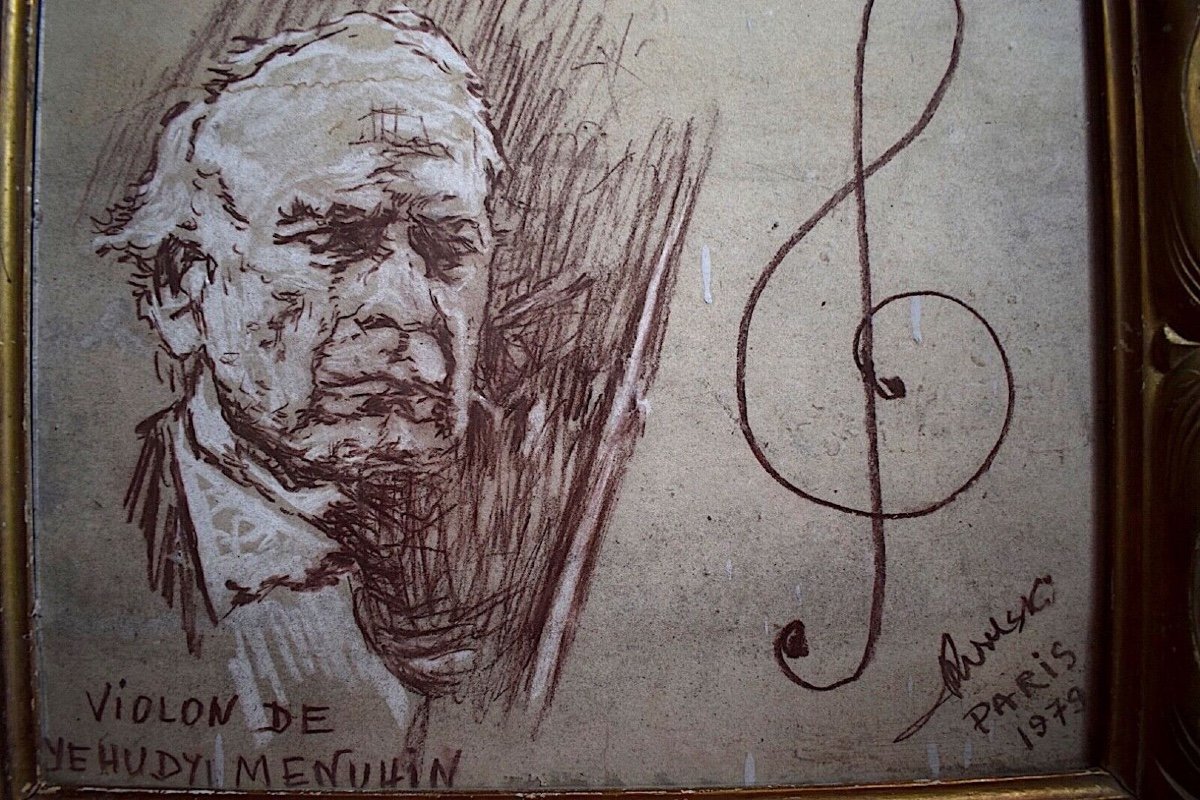 Dessin Yehudi Menuhin Portrait Violoniste américain Violon Musique Signé à Identifier XX RT455-photo-2