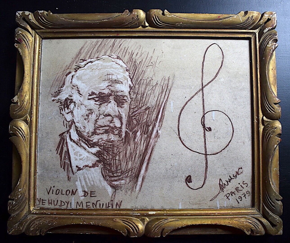 Dessin Yehudi Menuhin Portrait Violoniste américain Violon Musique Signé à Identifier XX RT455-photo-3