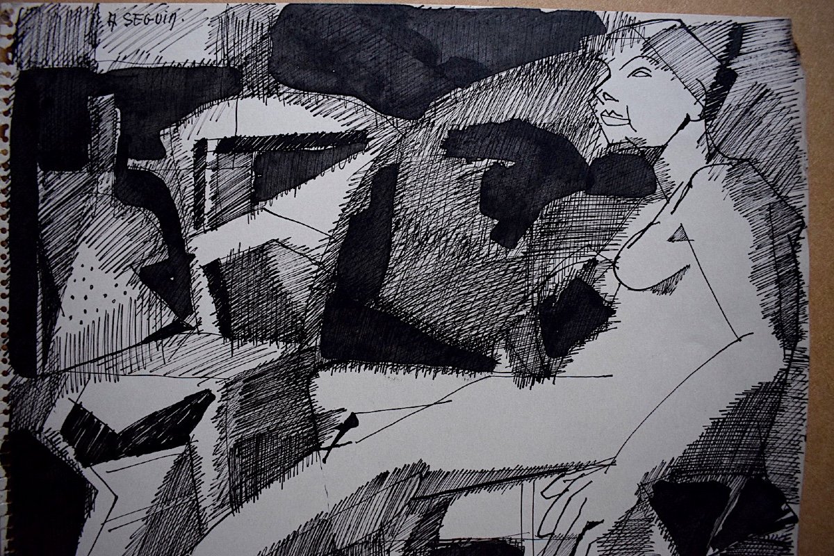 Adrien Seguin Nude Sitting Woman Drawing Composition Black Ink Expressionist Drawing XX Rt475-photo-2