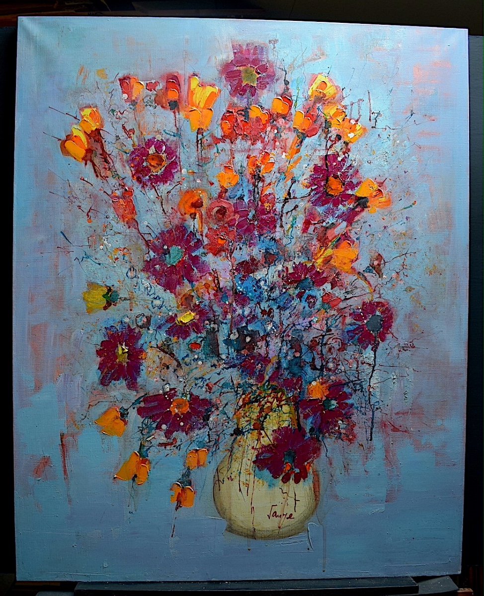 Jacques SAUZE Bouquet de Fleurs aux Pervenches Nature Morte XX RT479 *