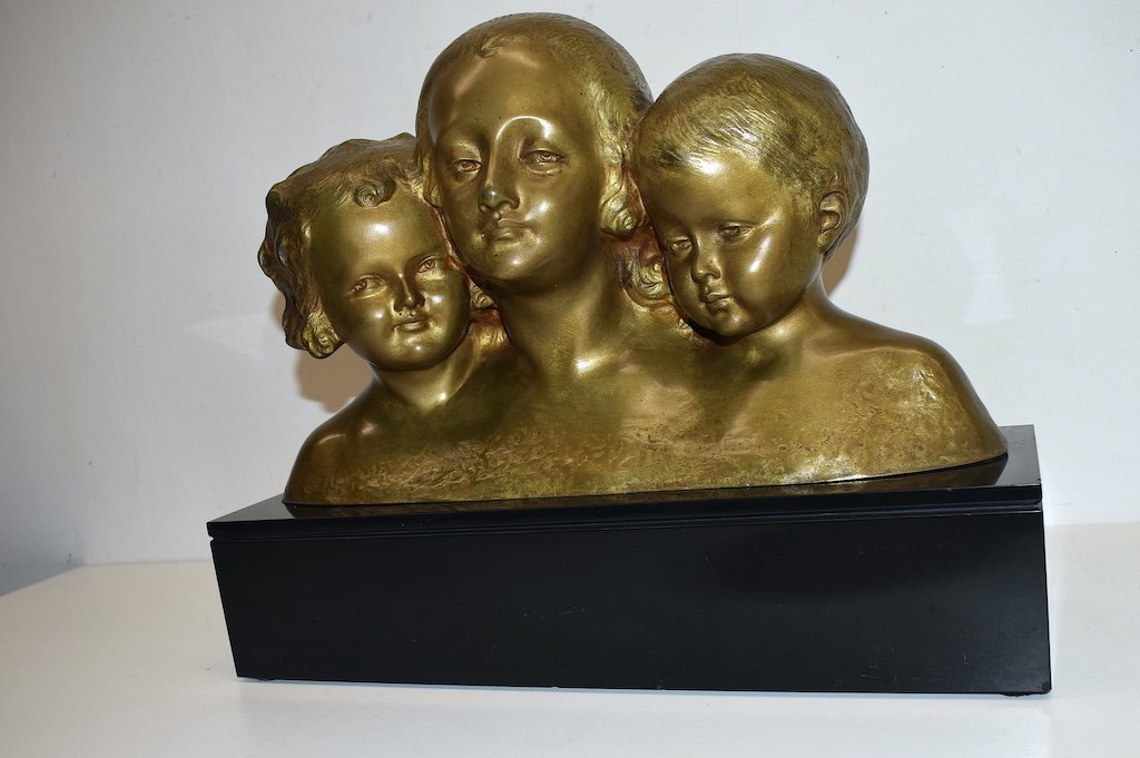 *  La Famille Femme Enfants  Bronze Art D&eacute;co Groupe Trois Bustes  Vers 1925 Sign&eacute; R Ren&eacute; Ref332-photo-5