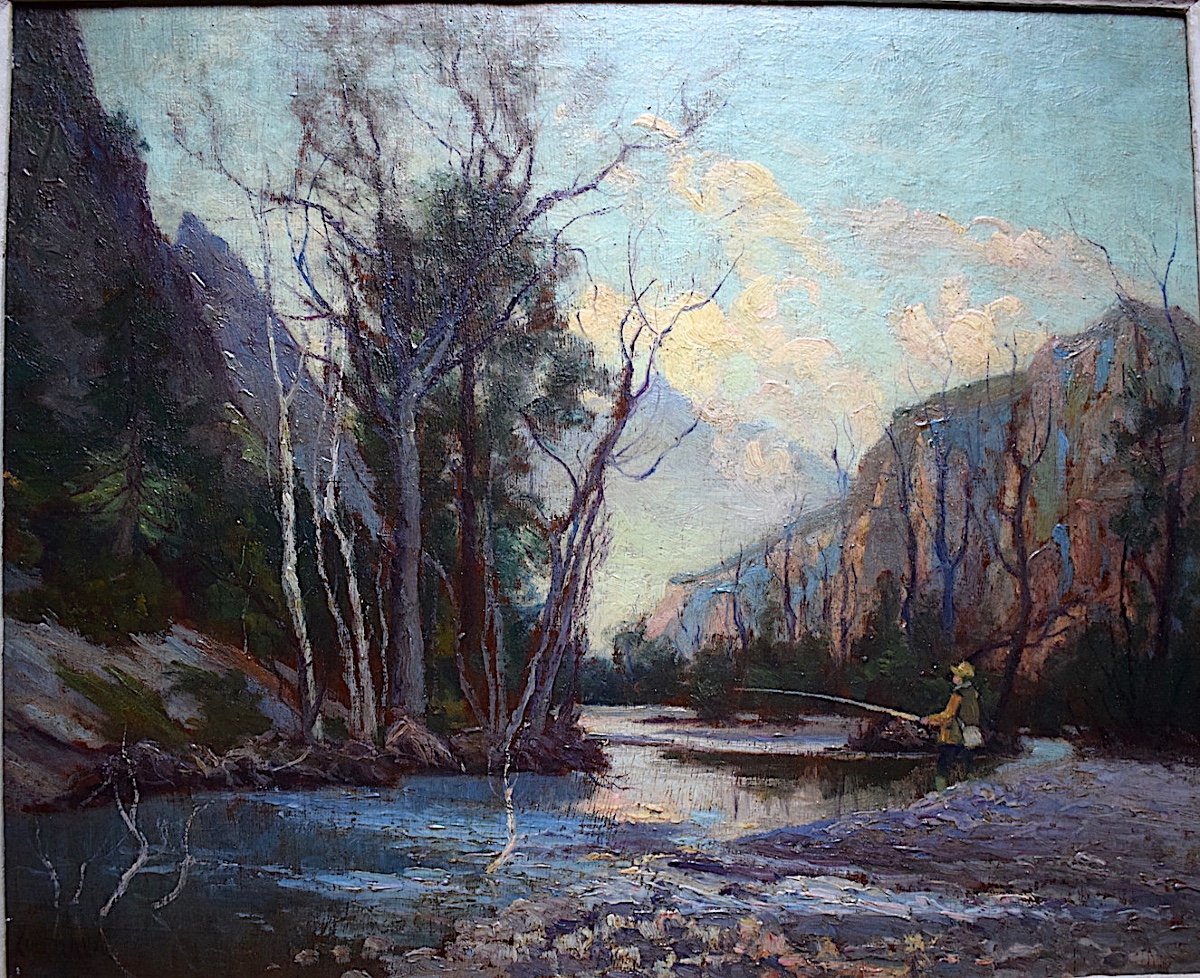 Landscape River Angler Mountain Post Impressionist Signed To Identify XX Rt511-photo-2