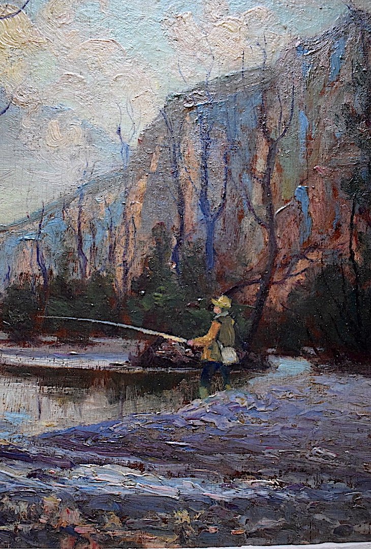 Landscape River Angler Mountain Post Impressionist Signed To Identify XX Rt511-photo-3