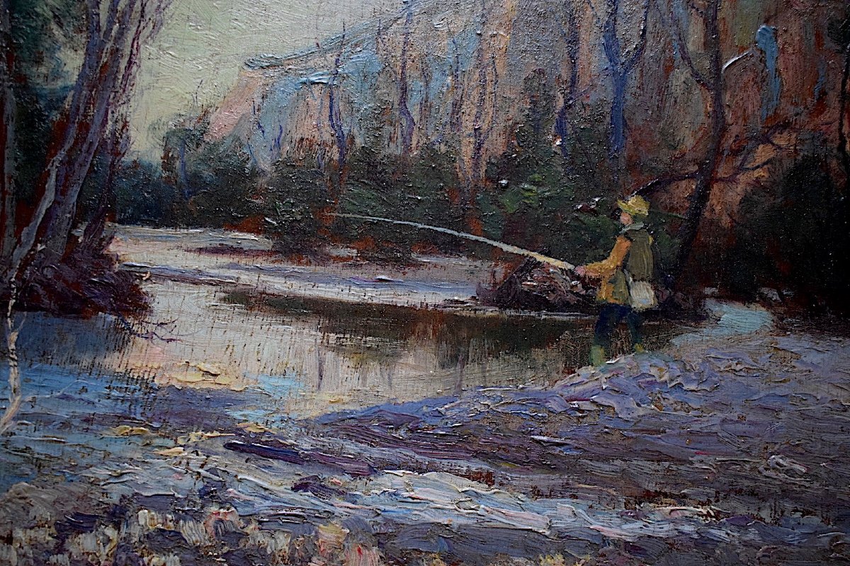 Landscape River Angler Mountain Post Impressionist Signed To Identify XX Rt511-photo-4