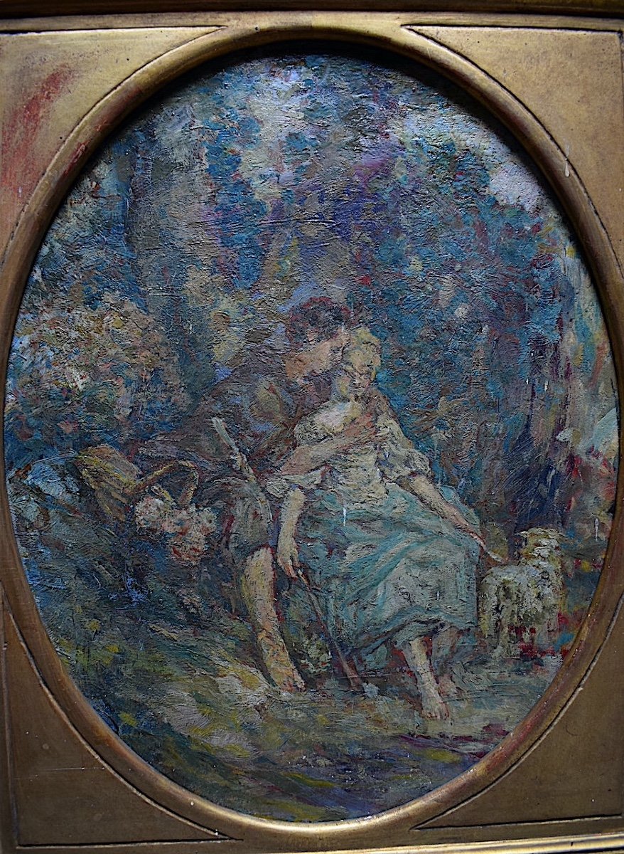 Impressionist Romantic Gallant Scene Shepherdess And Her Dog XIX Rt552-photo-2