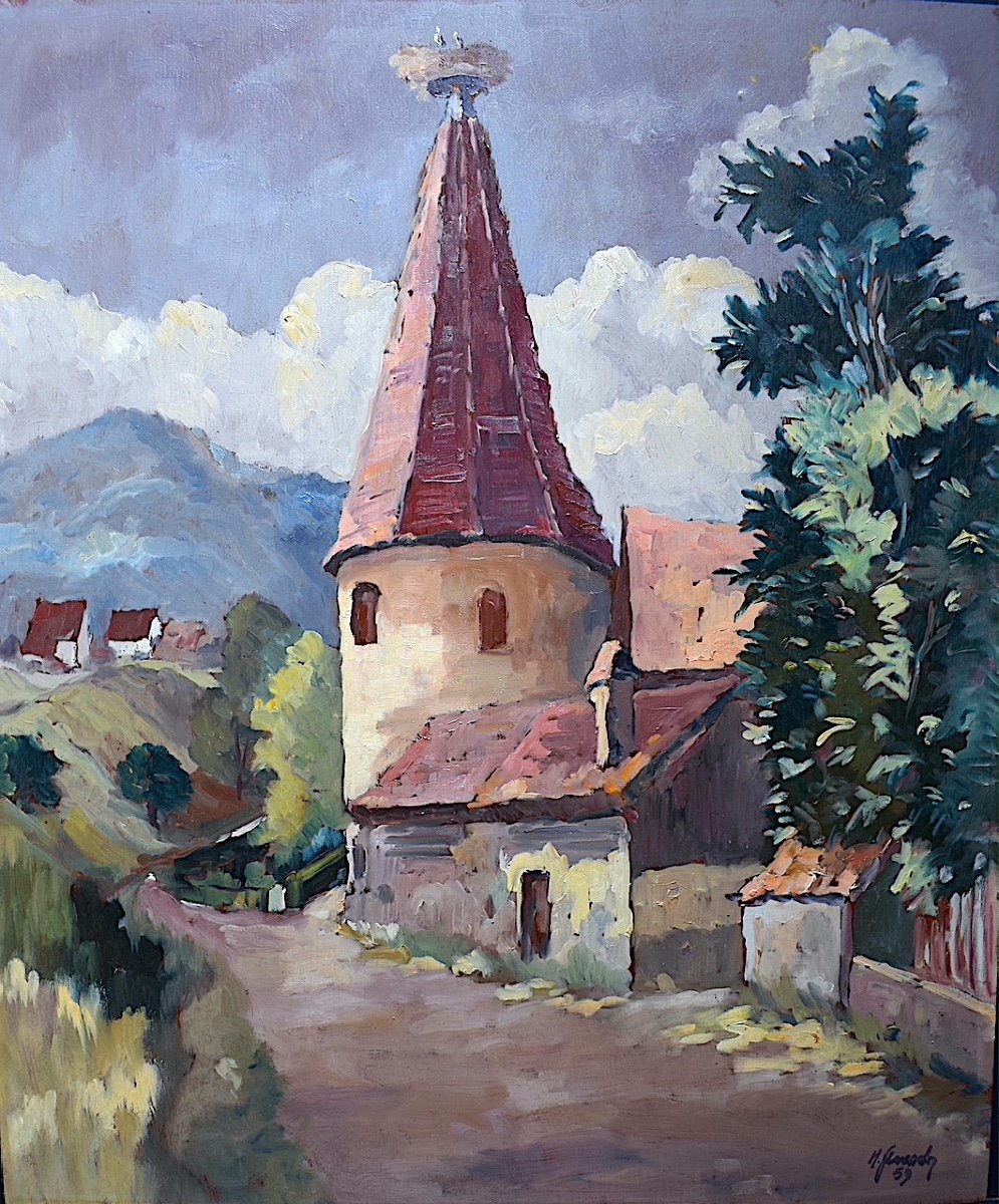 Henri Schwagh  Alsace Ribeauvillé tour des cigognes Art alsacien XX RT555-photo-2