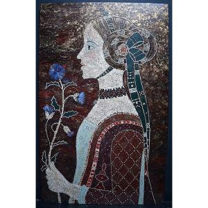 Symbolist Young Woman With Thistle Eggshell Marquetry Signed Deraison Rt649