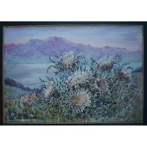 Lily Giry Aquarelle Paysage  de montagne  Fleurs Chardons XIX XX RT660