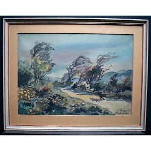 Auguste Clergé Avignon Provence Watercolor Signed 1955 Title: Mistral In November XX Rt731