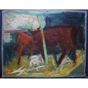 Bulls In The Stable Animals Modernist Animal Painting XX Monogram To Identify Rt759