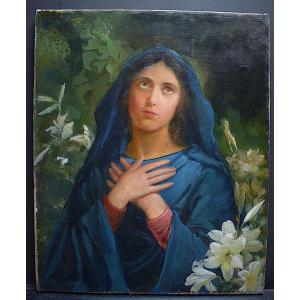 Vierge Art Nouveau Fleurs Signé art religieux à Identifier Début XX RT773