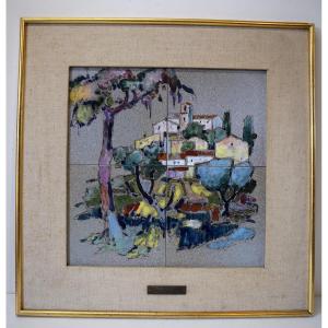 Louis Giraud View Of The Village Of Vallauris 1950 Ceramic Tiles Framed Fauve Style Ref549