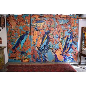 * Andrew Hart Adler Fresco Format Large Abstract Expressionist Marine Painting Rt854 *