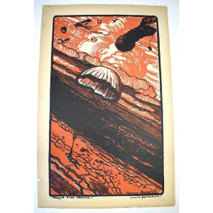 Estampe Maurice Busset  Affiche Lithographie Avion Aviation  Militaire  Guerre 1914 1918 Ref598