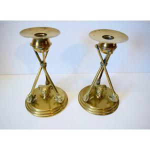 Pair Of Table Candlesticks In Brass And Bronze Jester Or Fou Du Roi Or Jester Art Deco Ref602