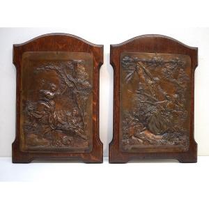 Two Bronze Bas Relief Fragonard l'Escarpolette And Boucher Interrupted Sleep Ref619