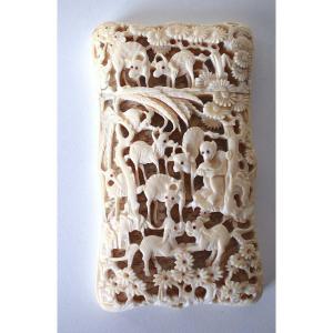 Card Holder Case China Canton Ivory Carved Chinese Animal Circa 1880 XIXth Ref629