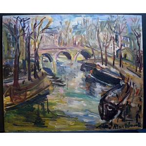 ODETTE AYME BELMONTE Paysage Post Impressionniste Pont Rivière Paris XX Années 50 RT887