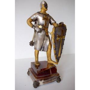 Giuseppe Vasari Bronze Argent&eacute; Et Dor&eacute; Chevalier Crois&eacute; Soldat En Armure Croisade  Ref635