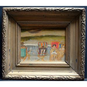 Beach Scene Bathers Post Impressionist 1940s 1950s Deauville Unsigned XX Rt896