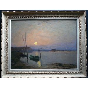 DE CLERMONT Impressionniste Marine Coucher de Soleil Barque Pêcheur XIX ème Rt909