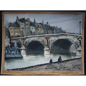 Paris Pont Marie On The Seine Fishermen Signed To Identify Dated 1940 XXth Rt940