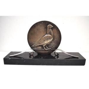 Raymond Pelletier Pigeon En Médaillon Art Déco Bronze Argenté Colombophilie Ref697