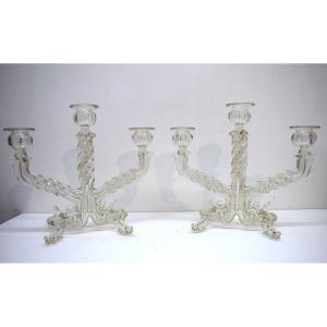 Pair Of Glass Table Candlesticks Signed A Vialas Dauphins 1950 1960 Styl Venise 18th Ref736