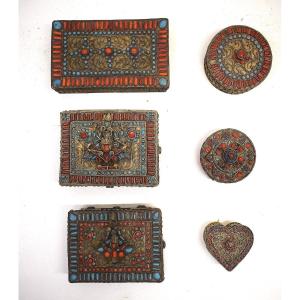 Set Of Six Tibetan Jewelry Boxes With Tibet Nepal Buddhist Deity Decor Asia Ref743