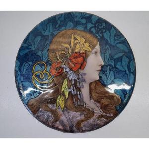 Paul Bonnaud Portrait Femme Art Nouveau  M&eacute;daillon Miniature &eacute;maill&eacute; &eacute;maux Limoges 1909 Ref749
