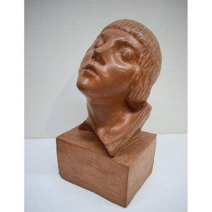 Maxime Real Del Sarte Terre Cuite Art Déco Tête De Femme Jeanne d'Arc Ref752 