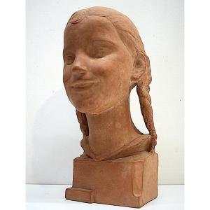 Enric Monjo Garriga Terracotta Art Deco Head Young Girl Smiling Spain Ref762