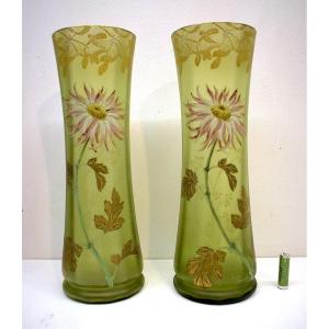 François Théodore Legras Pair Of Enameled Art Nouveau Vases Marguerite And Mistletoe Decor Ref763 
