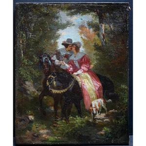 Gallant Scene On Horseback In The Forest Dog 19th Century Rt1012