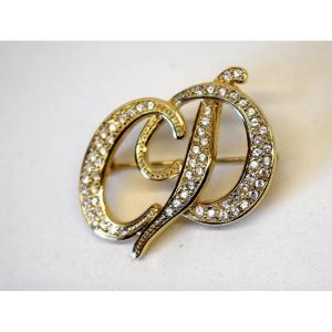 Christian Dior Brooch Jewelery Gold Metal And Rhinestones Monogram Cd Ref770