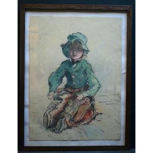 Pastel Enfant Petite Fille Poupée Fillette Signé à Identifier XX ème RT1155