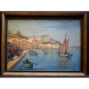 Marine Corsica Bonifacio Port Scene Boats Signed A Fontana XXth Rt1163