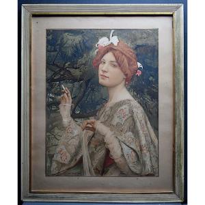 EDGARD MAXENCE estampe Symboliste Art Nouveau  Femme à l'Orchidée Signé Daté 1900 RT1203