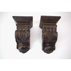 Paire De Corbeau En Bois Sculpté Décor Grappe De Raisin Ref1011 